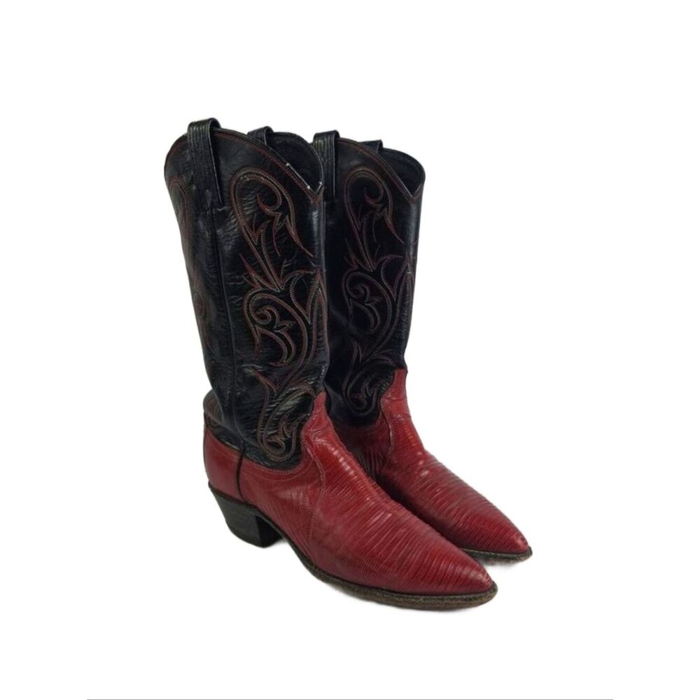 VINTAGE Dan Post‎ Red Teju Lizard Cowboy Women's Boots Size 8M.